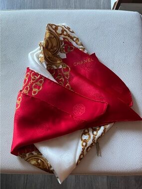 CHANEL Red and White Silk Scarf with Gold Chain Motif